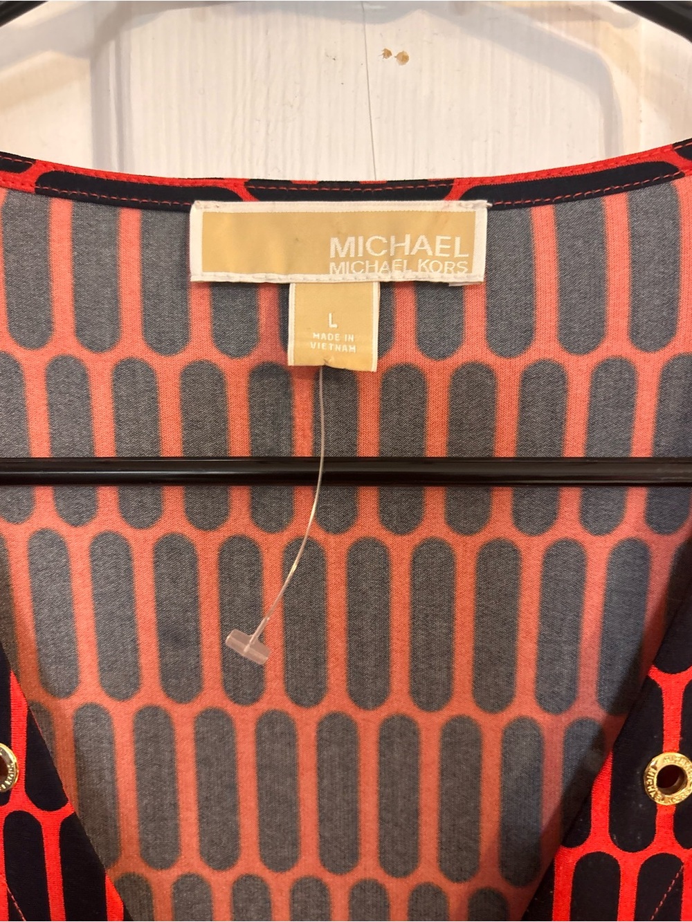 Michael Kors Navy Orange Geometric Print Blouse Top Gold Button Size Large L